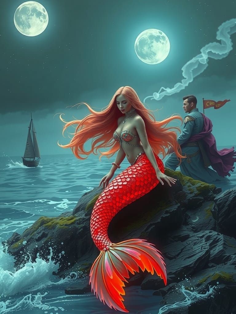 Cyber Mermaid Leaps from Ocean at Sunset