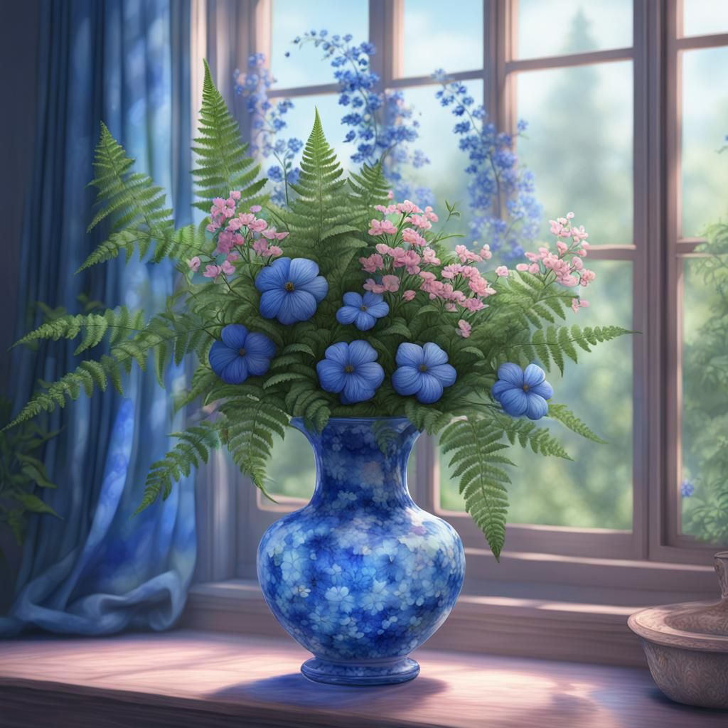 Blue and Pink Flowers in Murano Vase, Watercolor