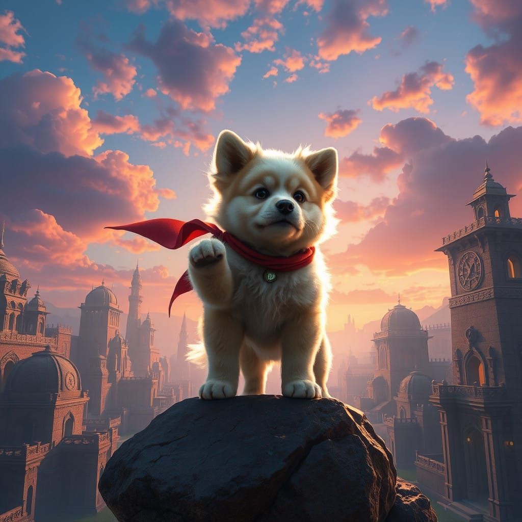 Epic Fantasy Puppy Hero in Vibrant Metropolis