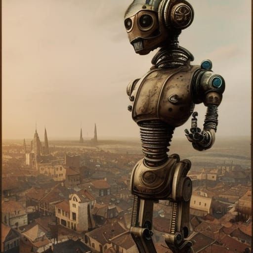 Cyborg Robot Dominates Medieval Town in Sepia