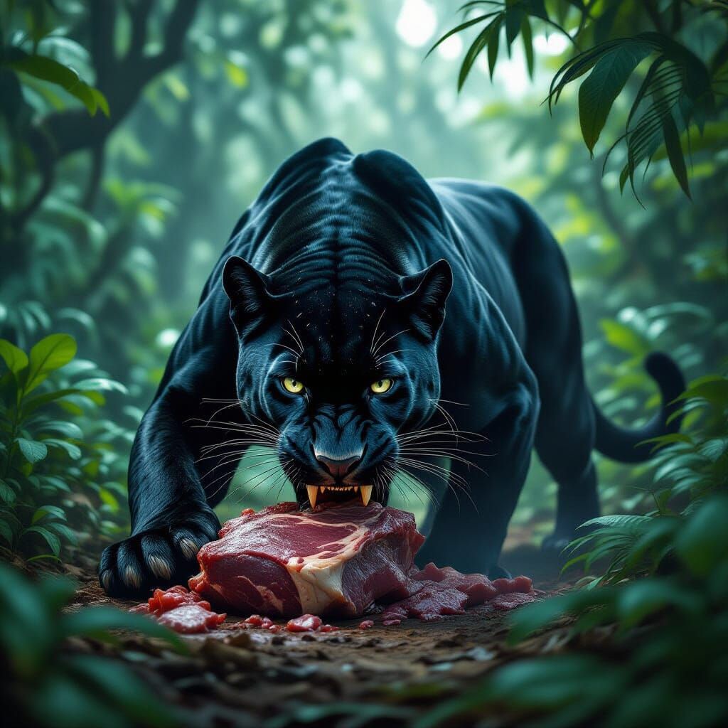 Black Panther Devouring Meat in Lush Jungle