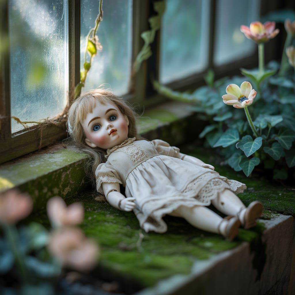 Antique Doll in Overgrown Greenhouse Photograph
