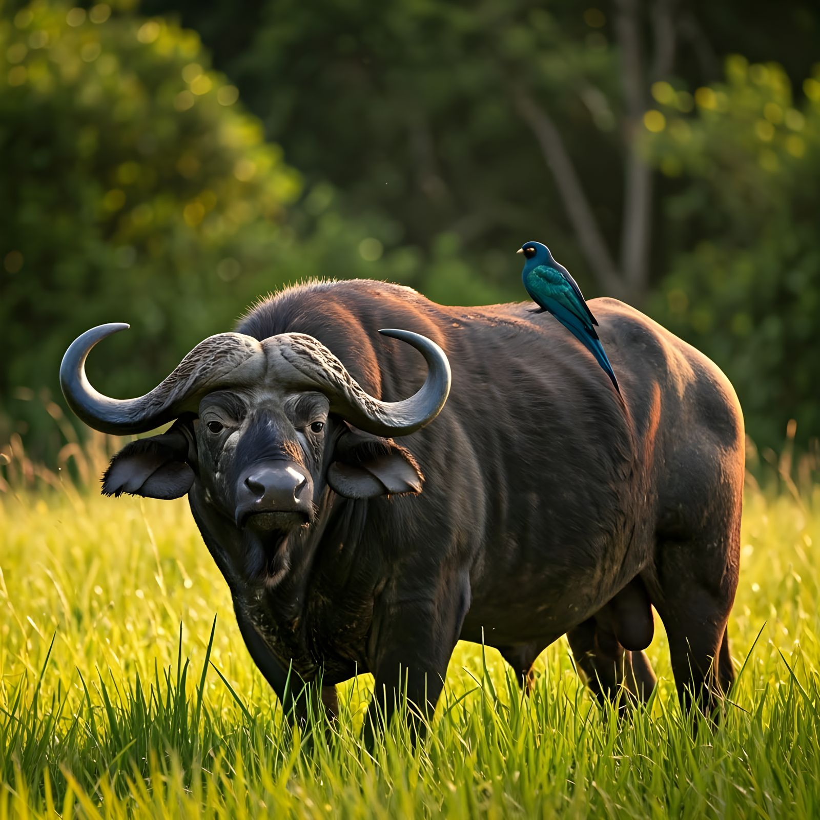 Buffalo and Bird in Lush Tropical Setting