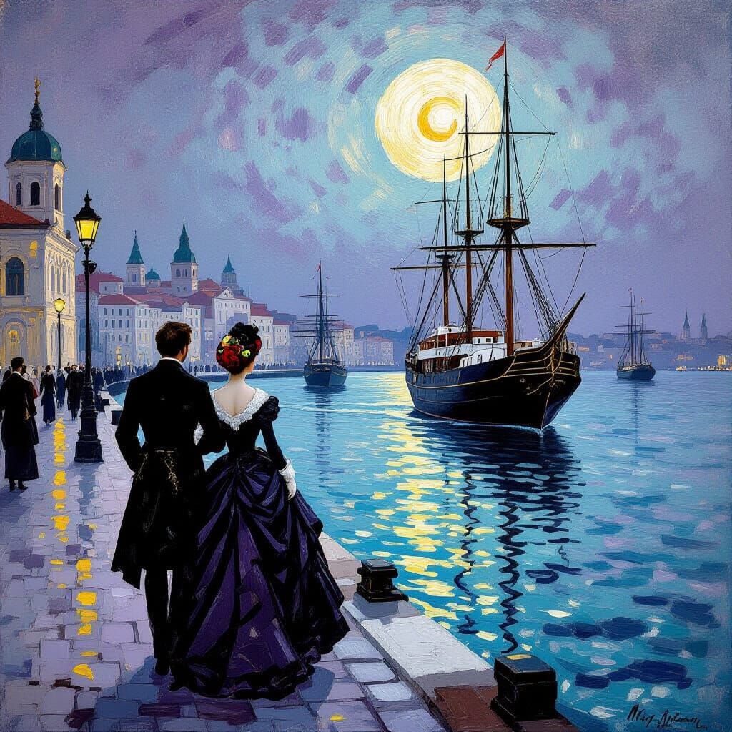 Victorian Couple Admiring Ship in Klimt Style