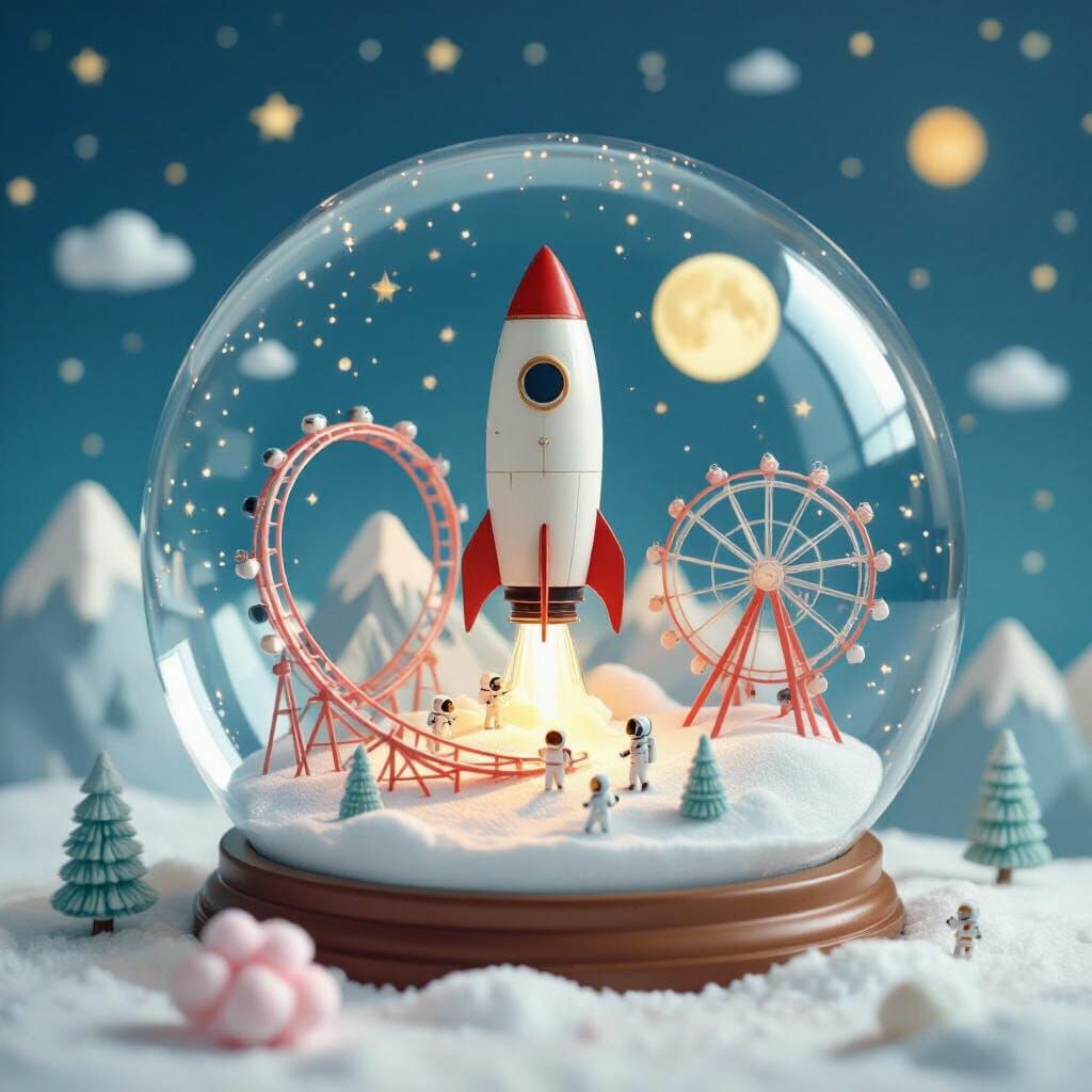 Miniature Rocket in Snow Globe, Whimsical Pastel Art