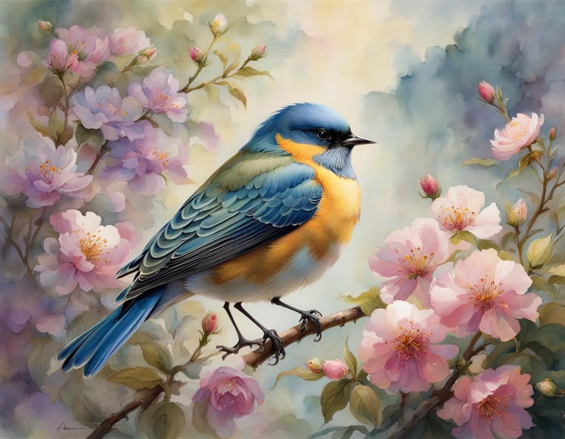 Bird with Pastel Flowers in Watercolor Style