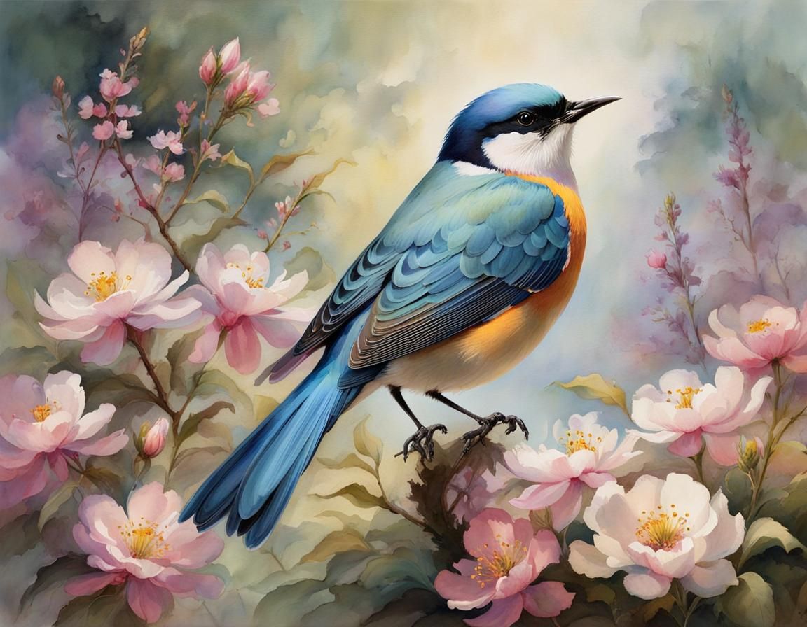 Bird with Pastel Flowers in Watercolor Style