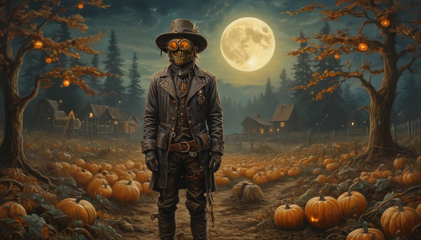 Steampunk Scarecrow in Pumpkin Patch Oil Painting