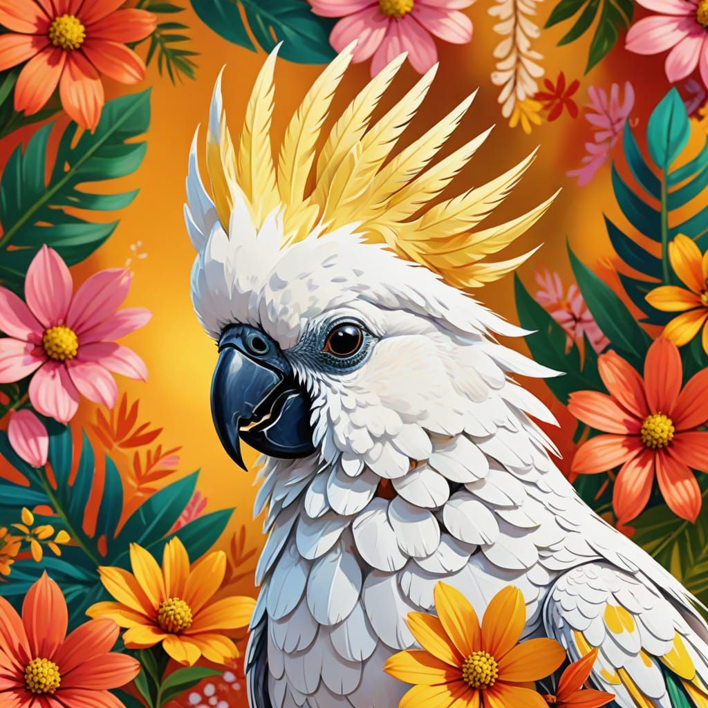 Playful Cockatoo in Floral Setting: Digital Art