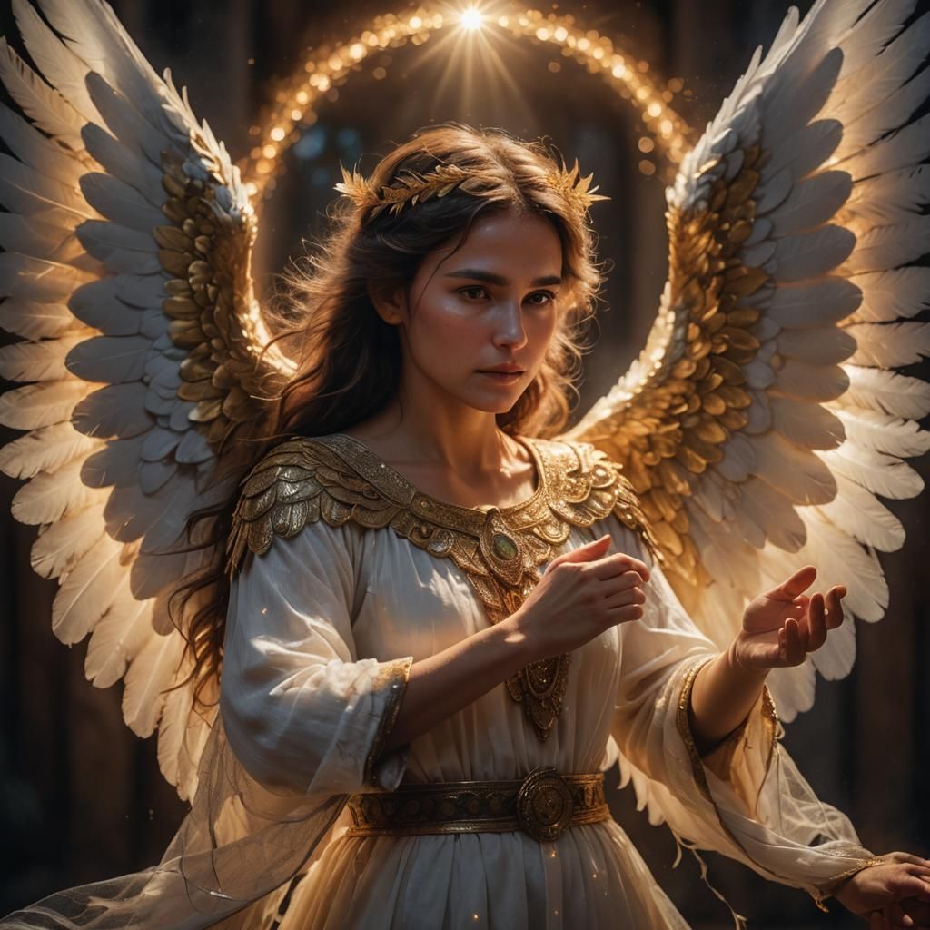 Beautiful Angel Heals with Golden Light, Hyperrealistic Phot...