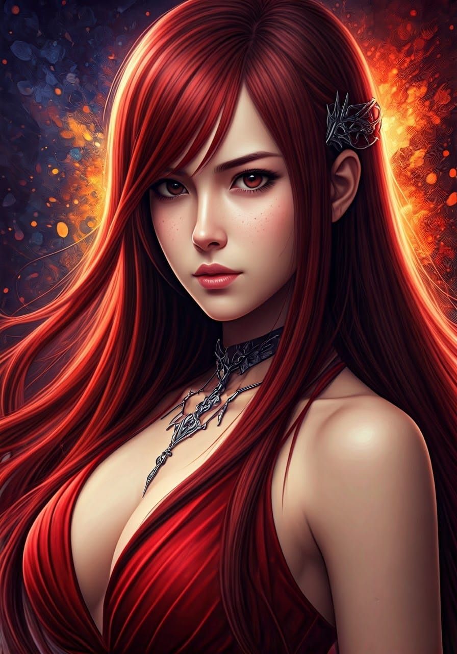 Hyperrealistic Erza Scarlet Portrait in Red Dress