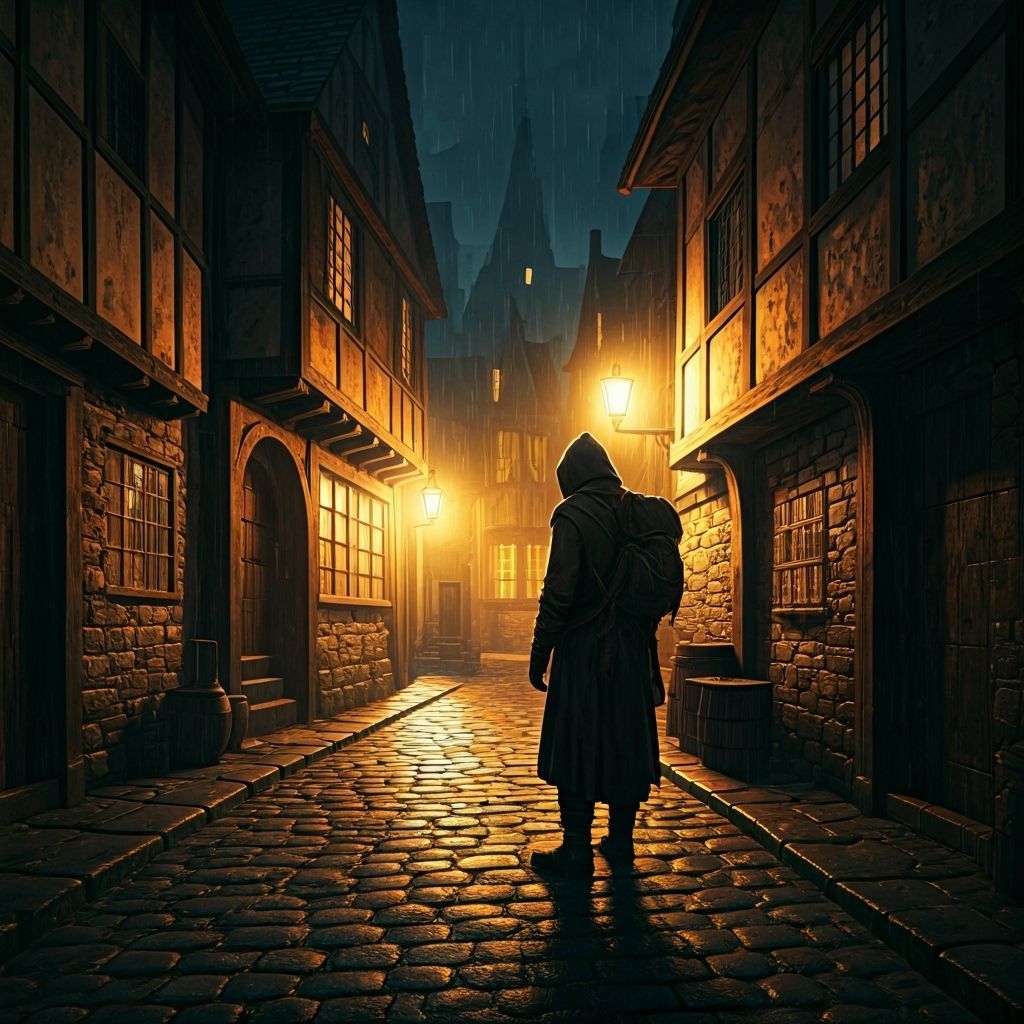 Medieval Alleyway at Night with Lanterns