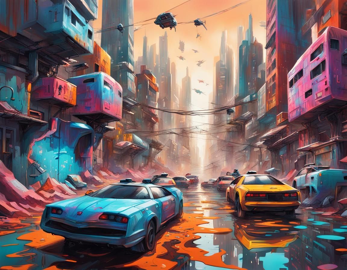 Dystopian Multi-Ethnic City with Flying Cars