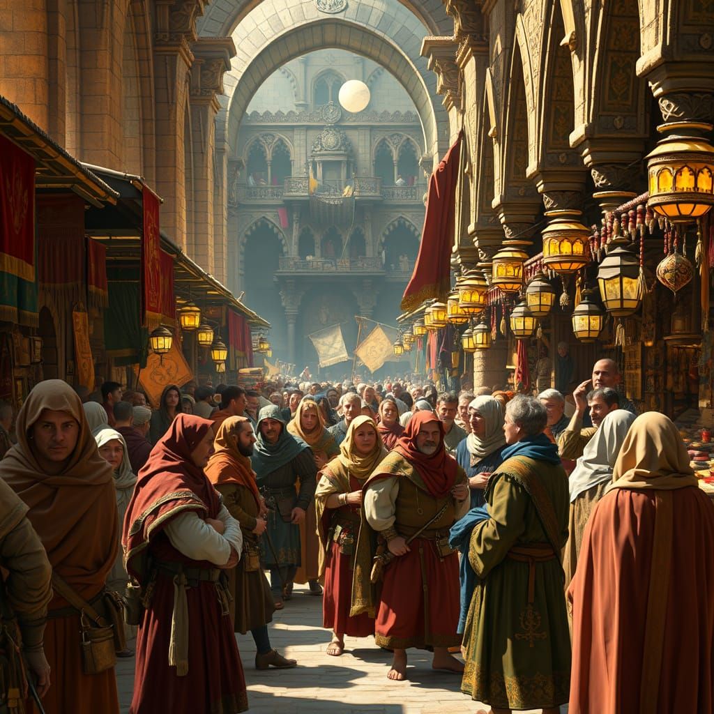 Medieval Bazaar Scene in a Golden Age Aesthetic