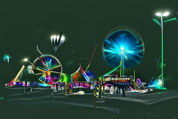 A colorful carnival midway at night....