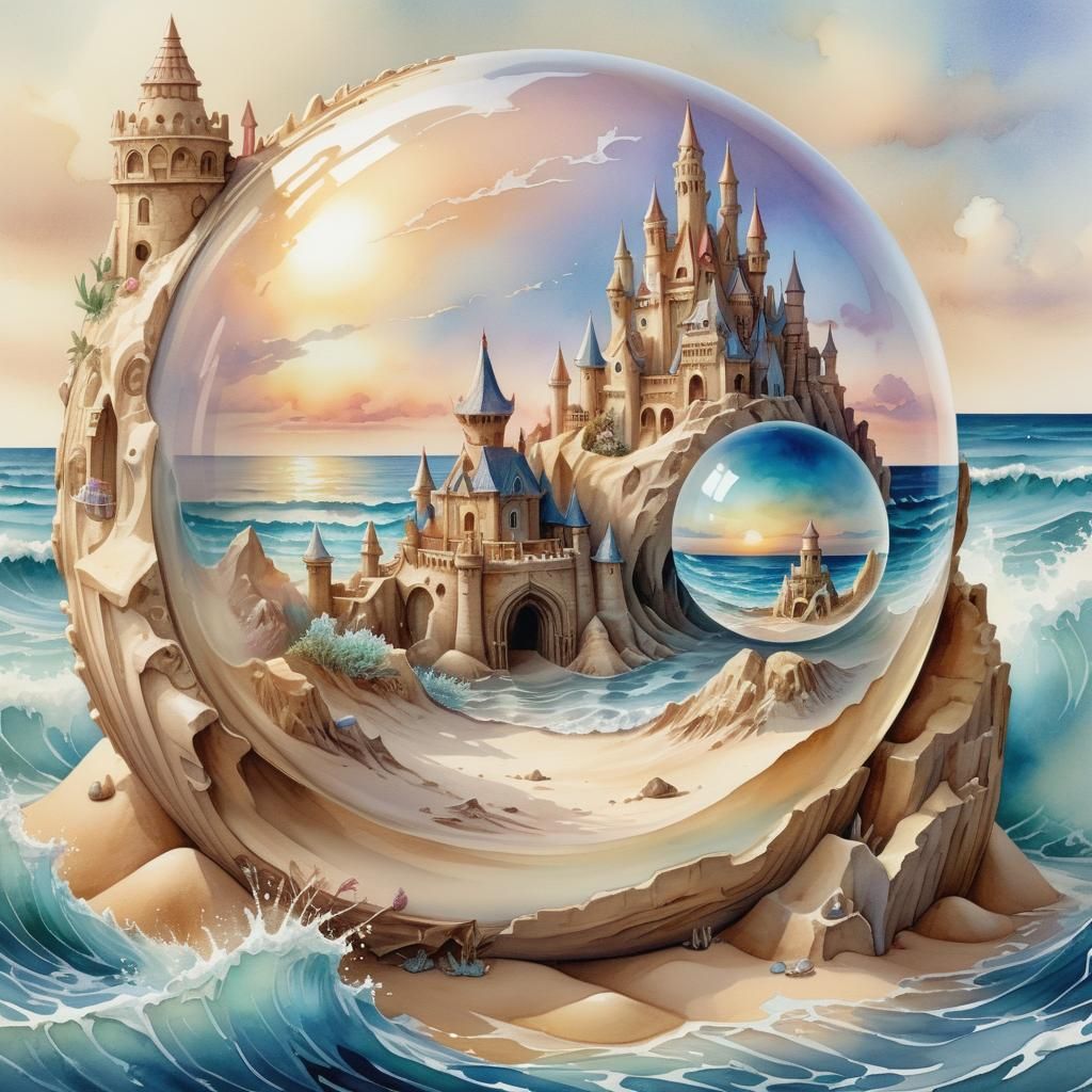 Sandcastle in Glass Orb: Detailed Watercolor Painting