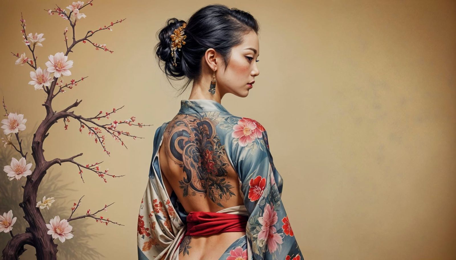 Graceful Woman with Tattoos in Sfumato Style