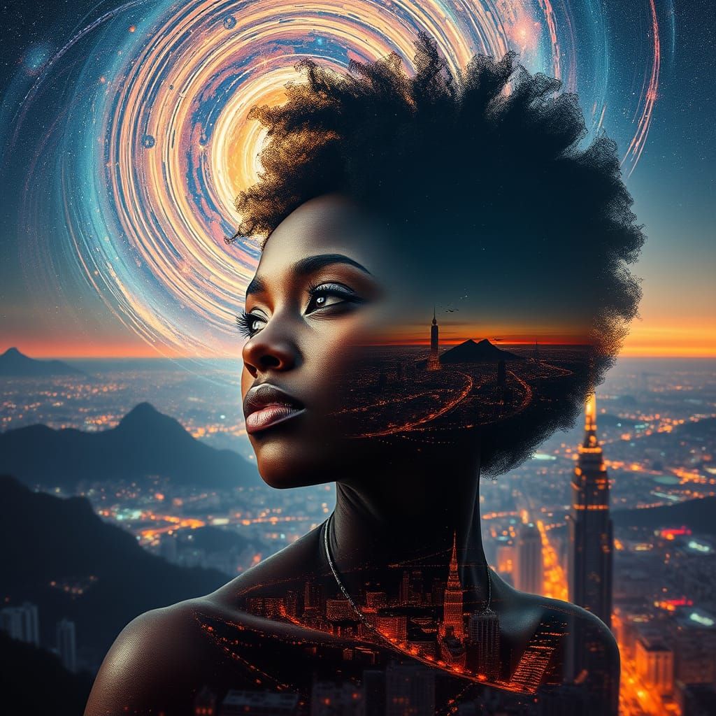Afro-Futurist Woman Contemplating Cosmopolitan Galaxies