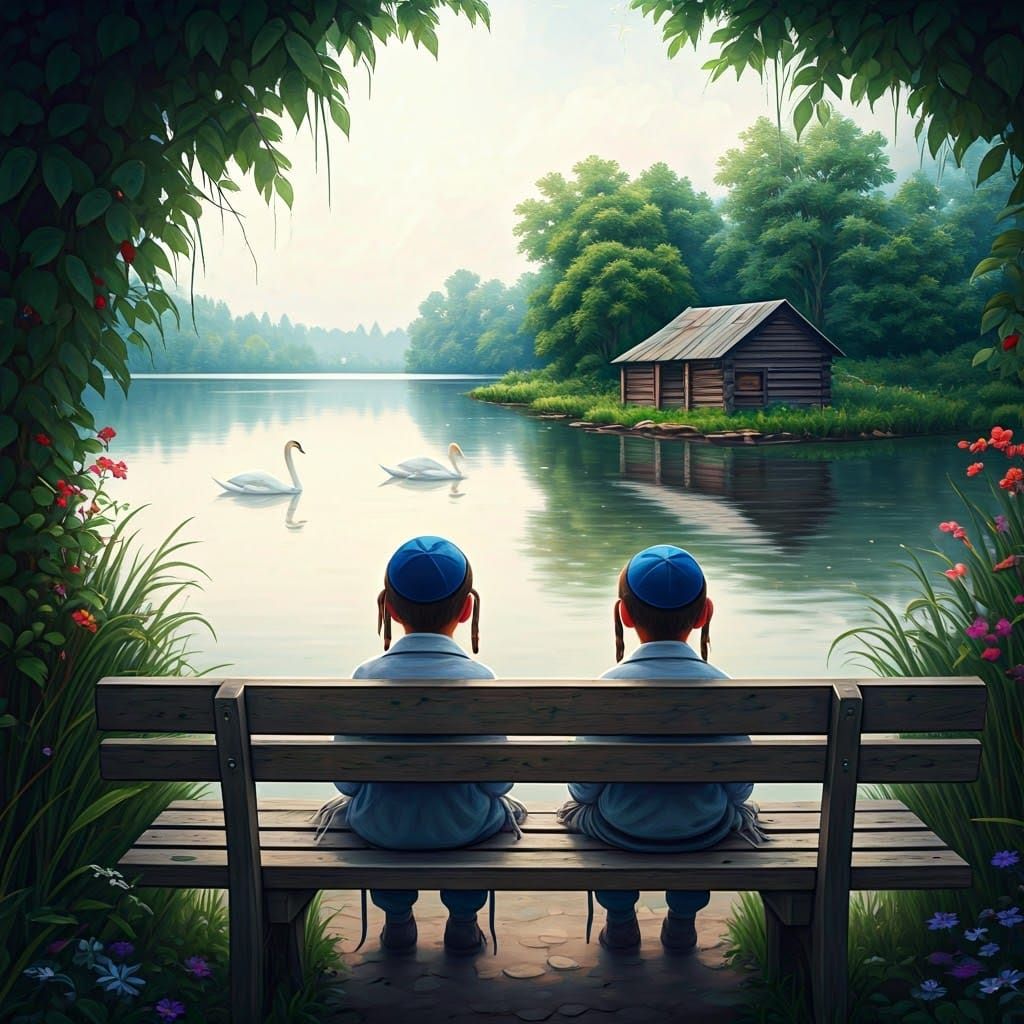 Children Watch Swans in Watercolor Landscape