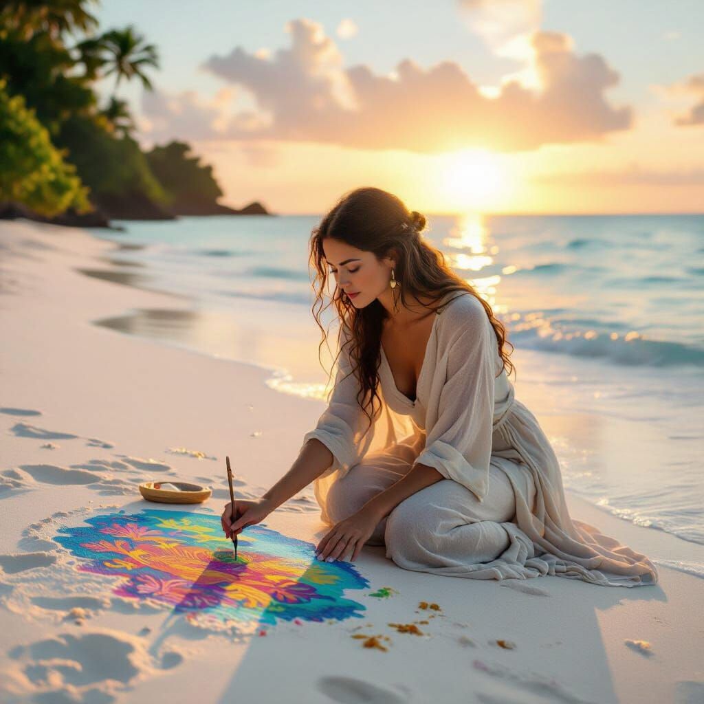 Ethereal Figure Paints Coral Reef on Tropical Beach at Dawn