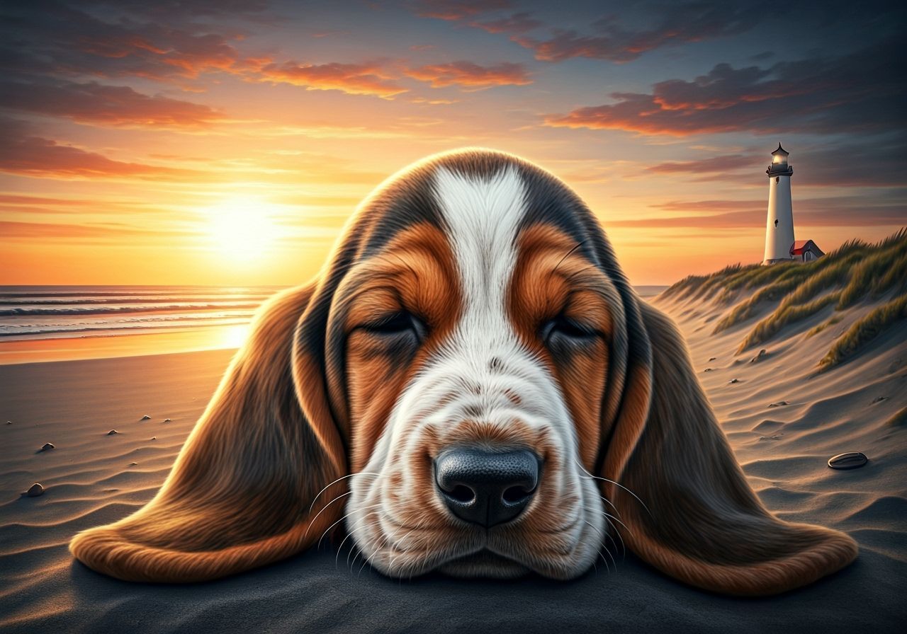 Sleepy Basset Hound Pup on Beach at Sunset, Charcoal Drawing