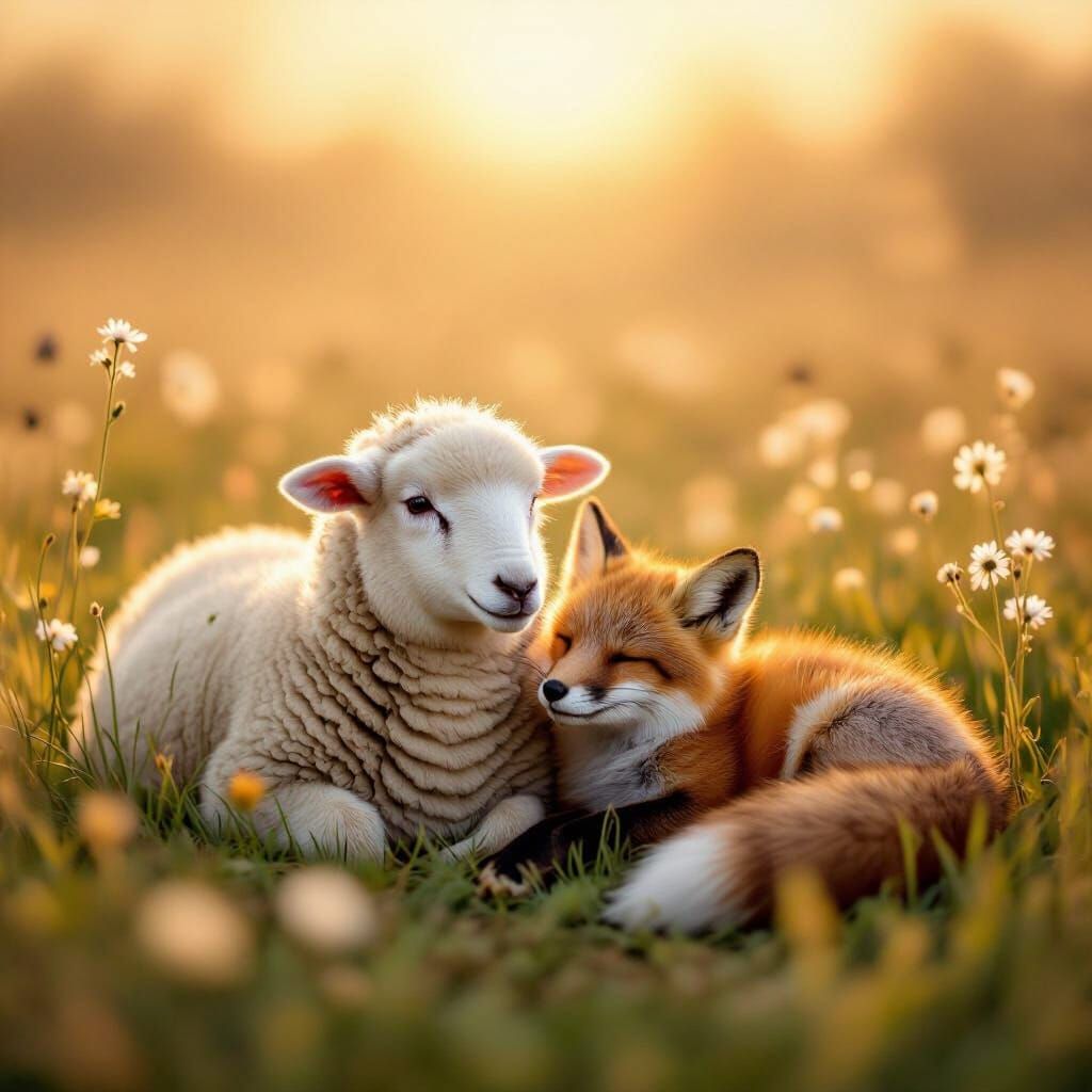 Peaceful Sheep and Fox in Sunlit Meadow