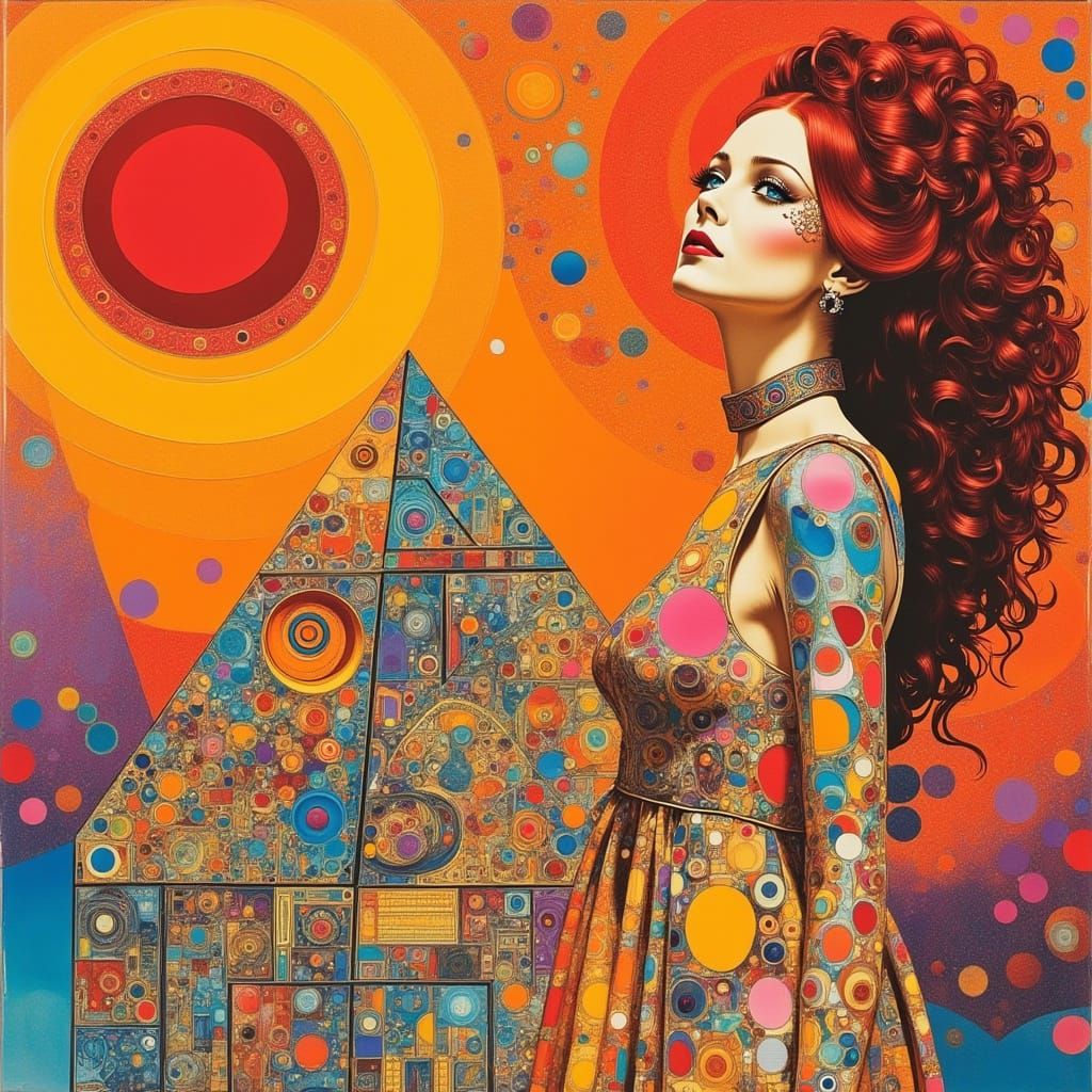 Psychedelic Fantasy Pyramid with Woman on Staircase
