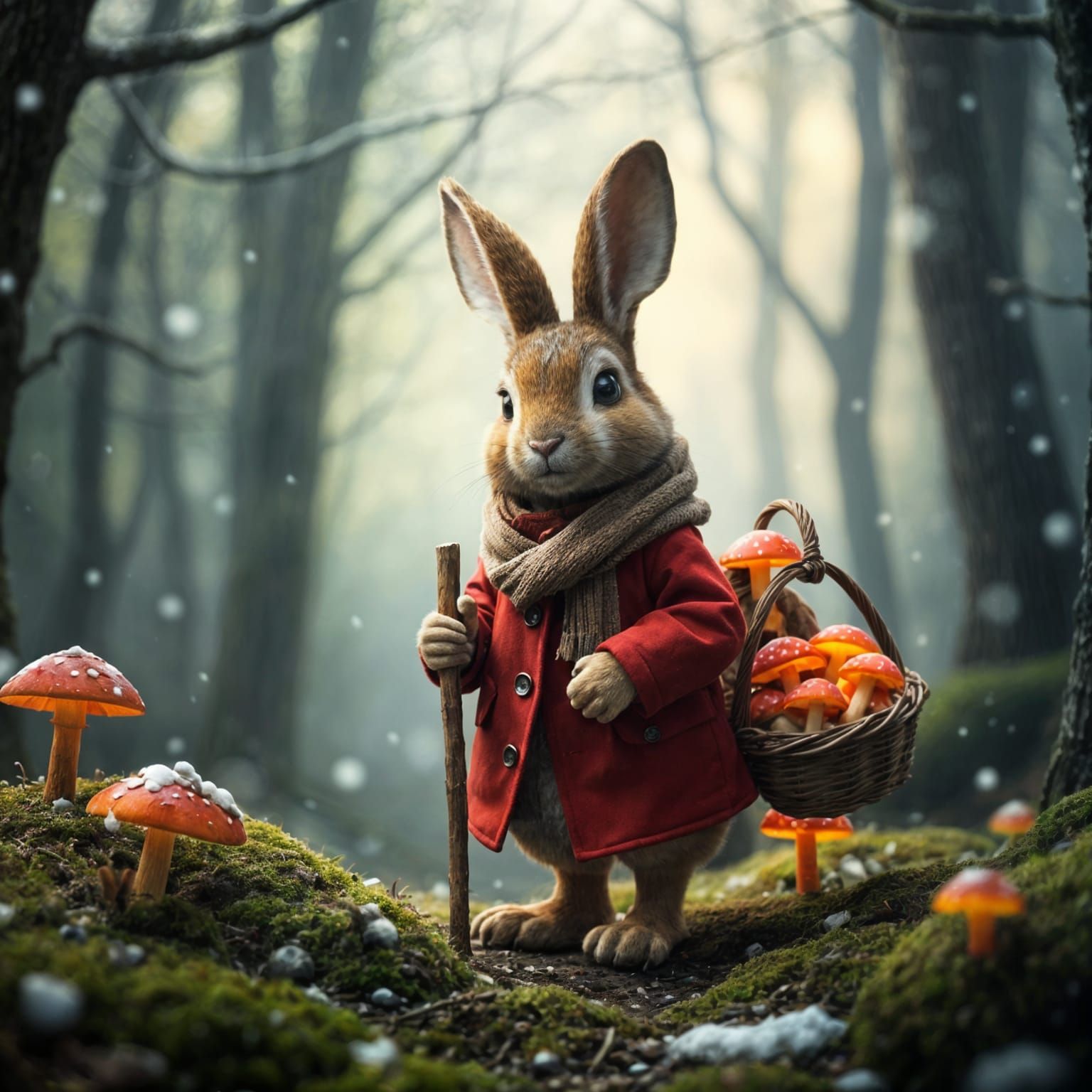 Whimsical Bunny in Winter Wonderland Scene