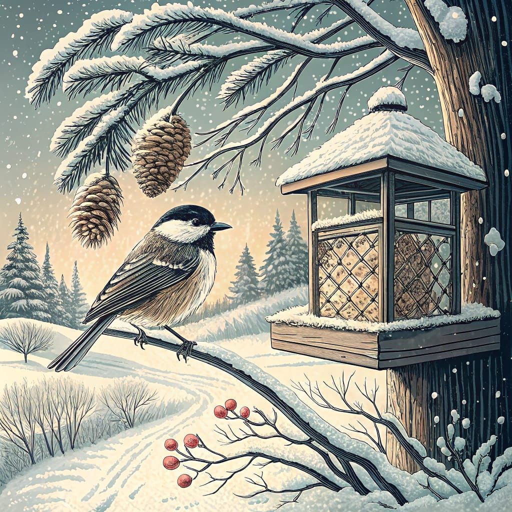 Snowy Morning Woodcut of a Chickadee on a Bird Feeder
