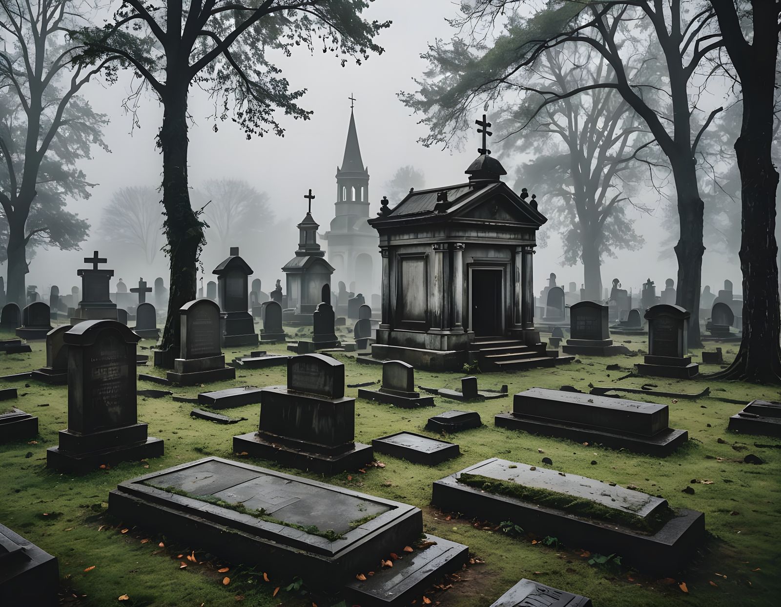 Eerie Graveyard Scene in Misty Atmosphere