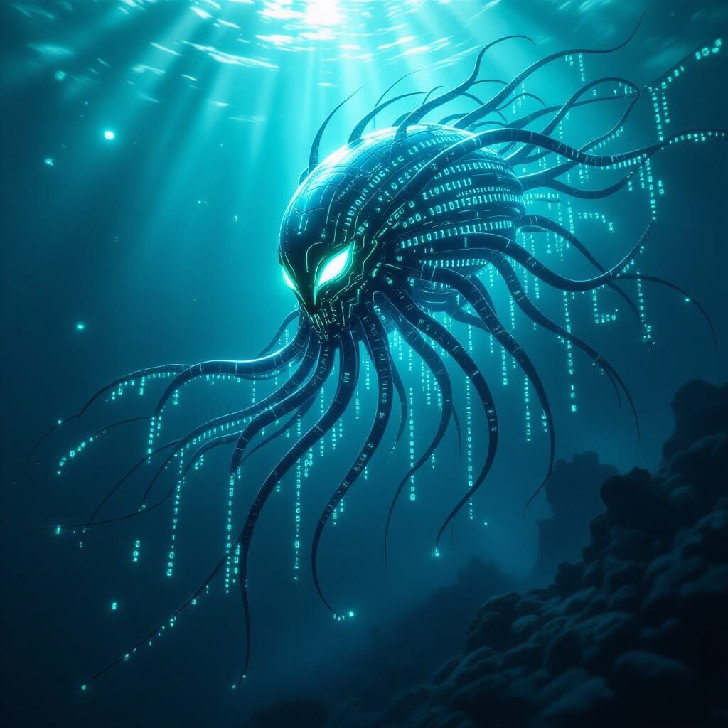 Bioluminescent Binary Deep Sea Creature in Dark Fantasy Styl...
