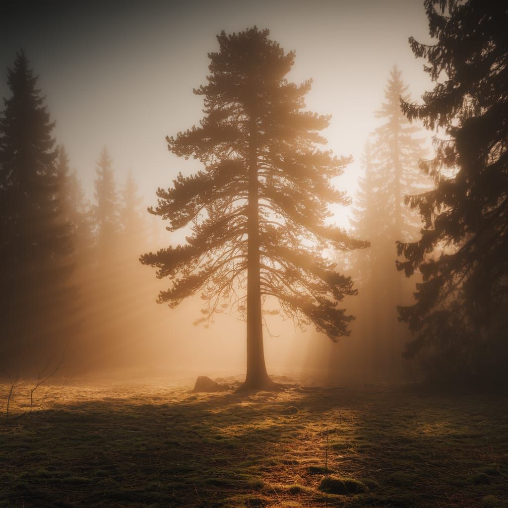 Ancient Pine in Foggy Morning Light
