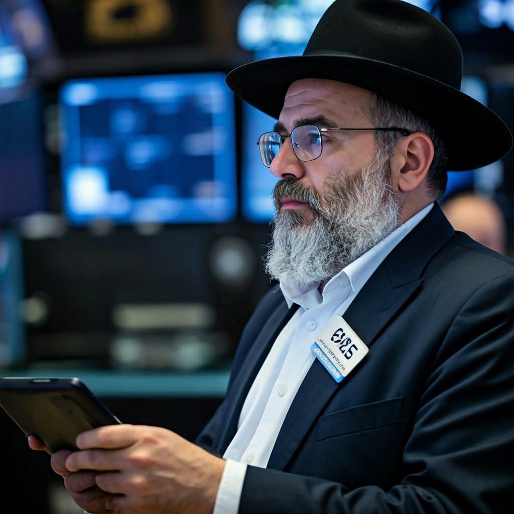 Orthodox Haredi Man Intently Studies Stock Market on Busy Tr...