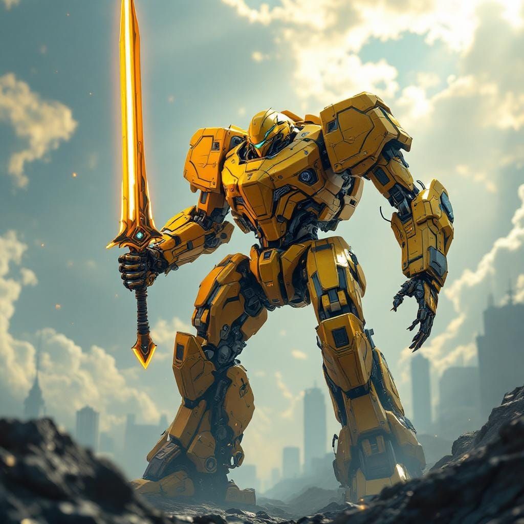 Golden Battle-Mech in Retro-Futuristic Cityscape