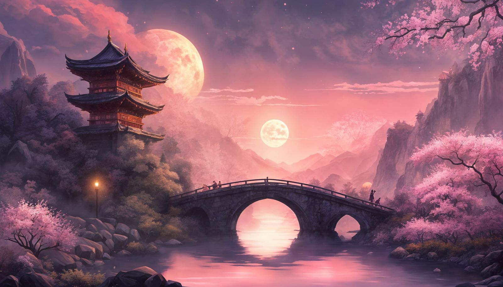 Dreamlike Pagoda Bridge at Moonrise in Pastel Twilight