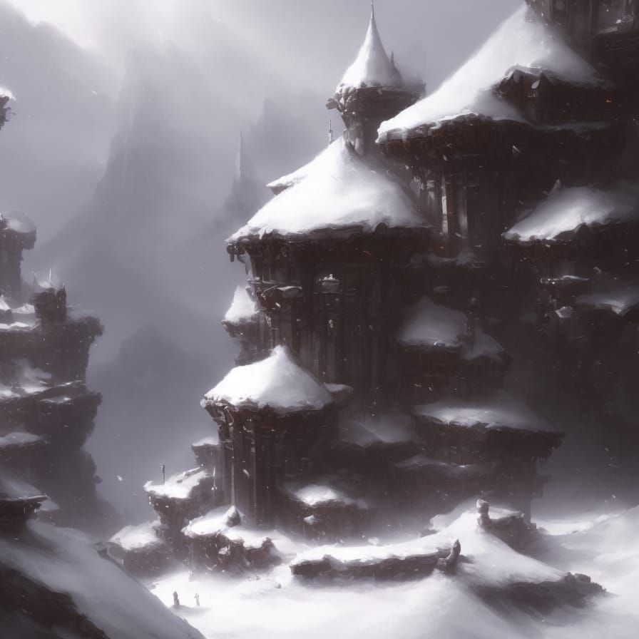 Dwarf City on Snowy Mountain: Dark Fantasy Concept Art