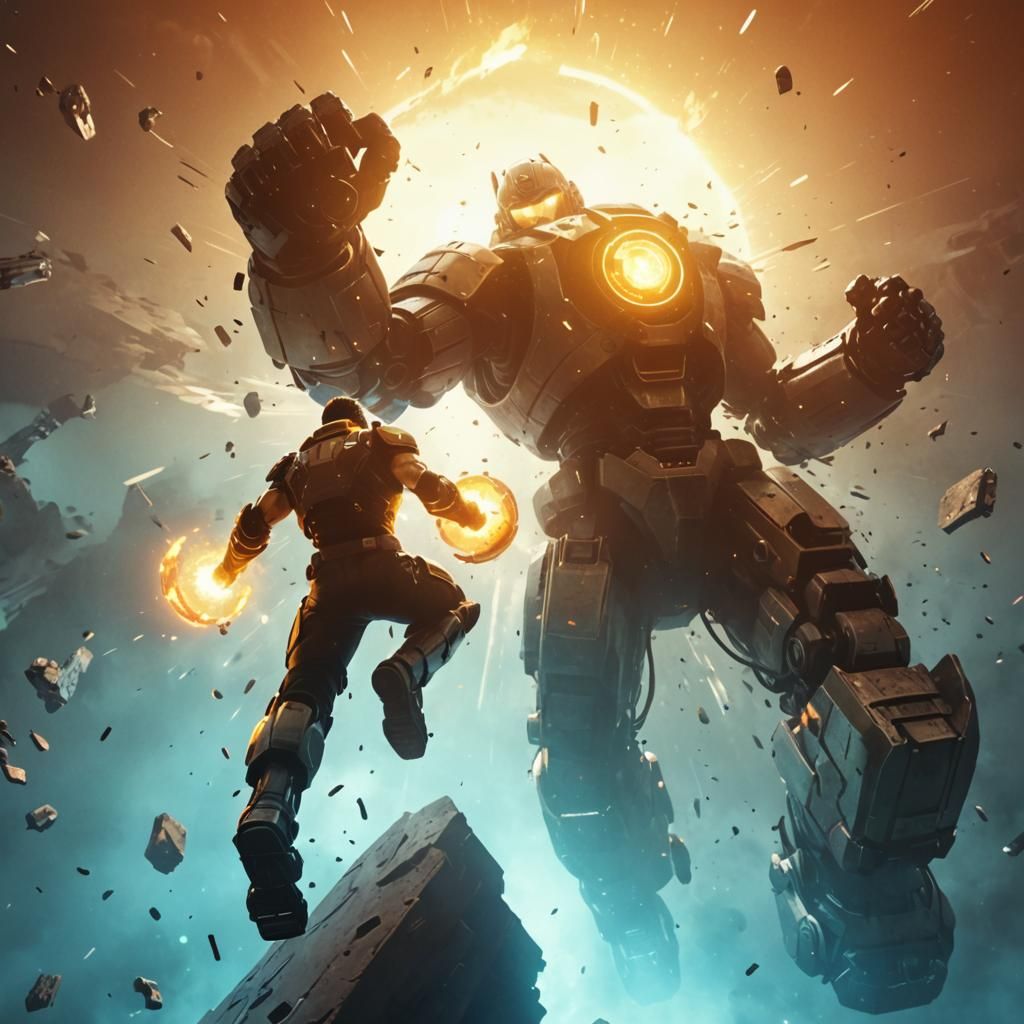 Warrior vs Robot: Sci-Fi Battle Scene