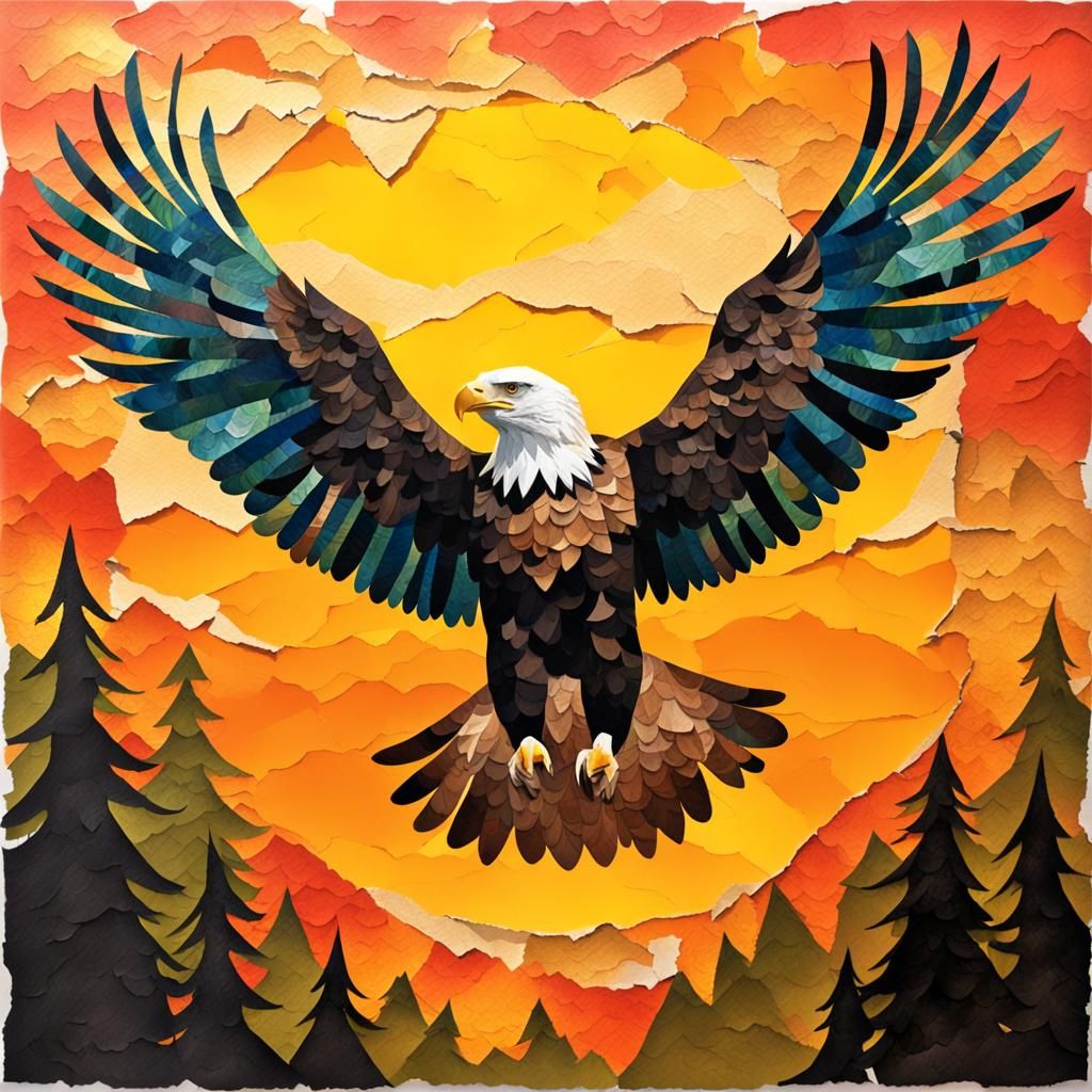 Eagle Flying in Decoupage Collage Art