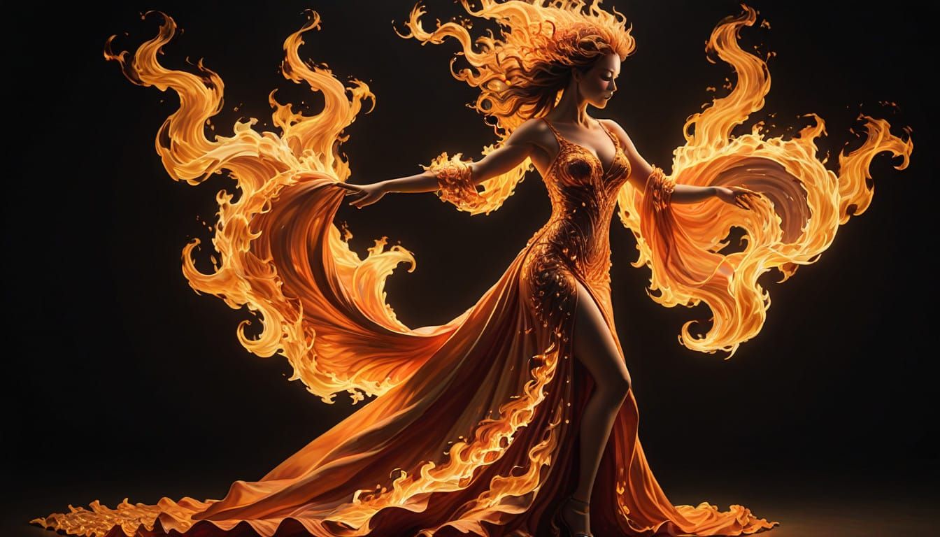 Sultry Dancer Ignites with Flaming Dress in Hyperrealistic S...