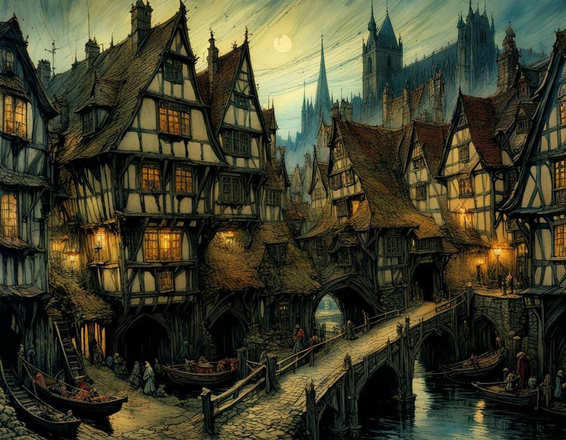 Mysterious Medieval Town with Noctilucent Glow