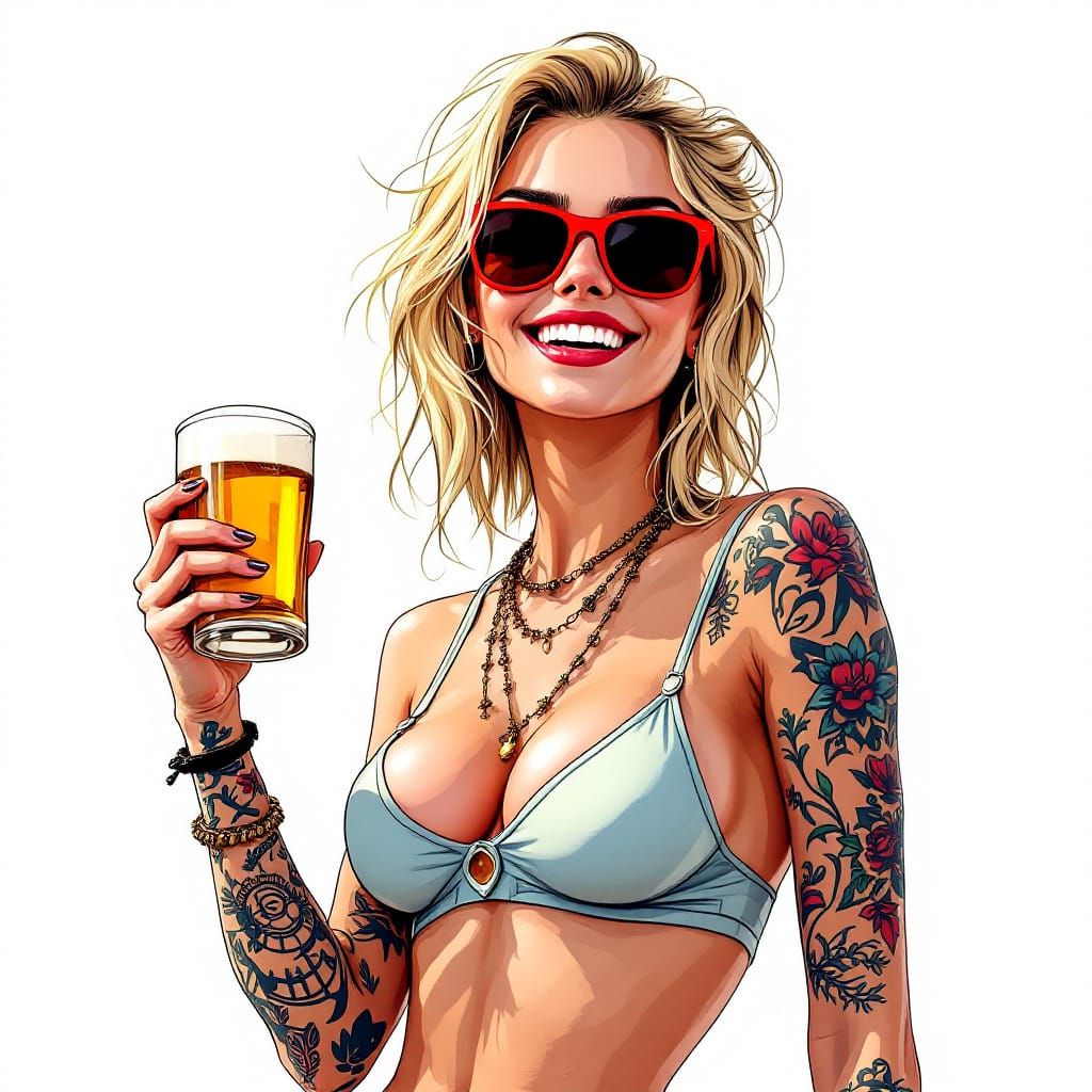 Blonde Woman with Tattoos Smiling with Beer, GTA Style