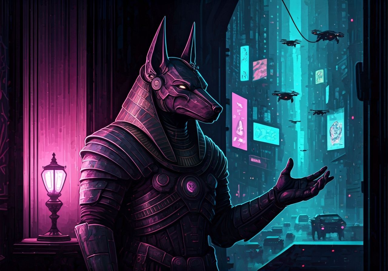 Cyberpunk Anubis Beckons in Neon Cityscape
