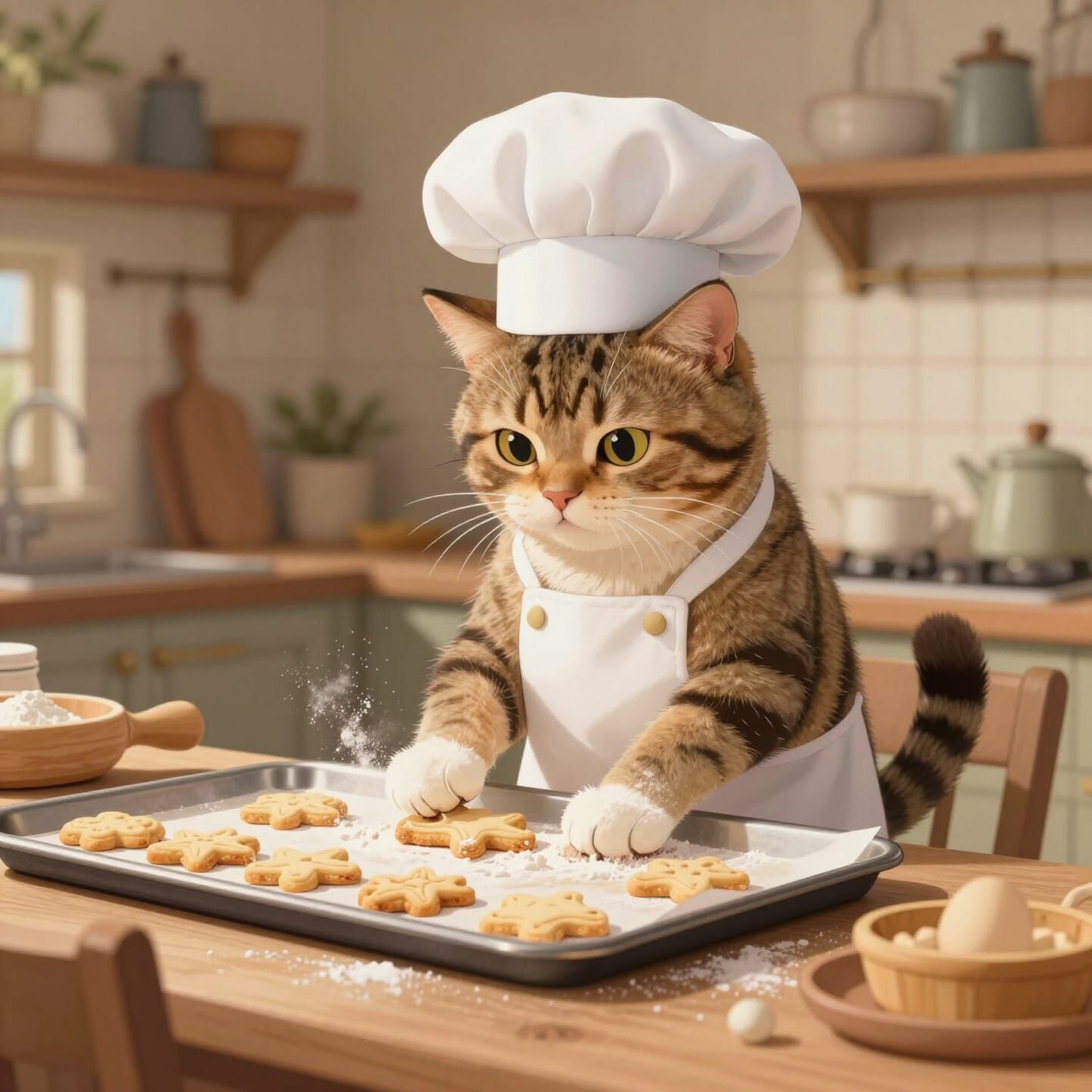 Chef Cat Baking Cookies in Cozy Kitchen