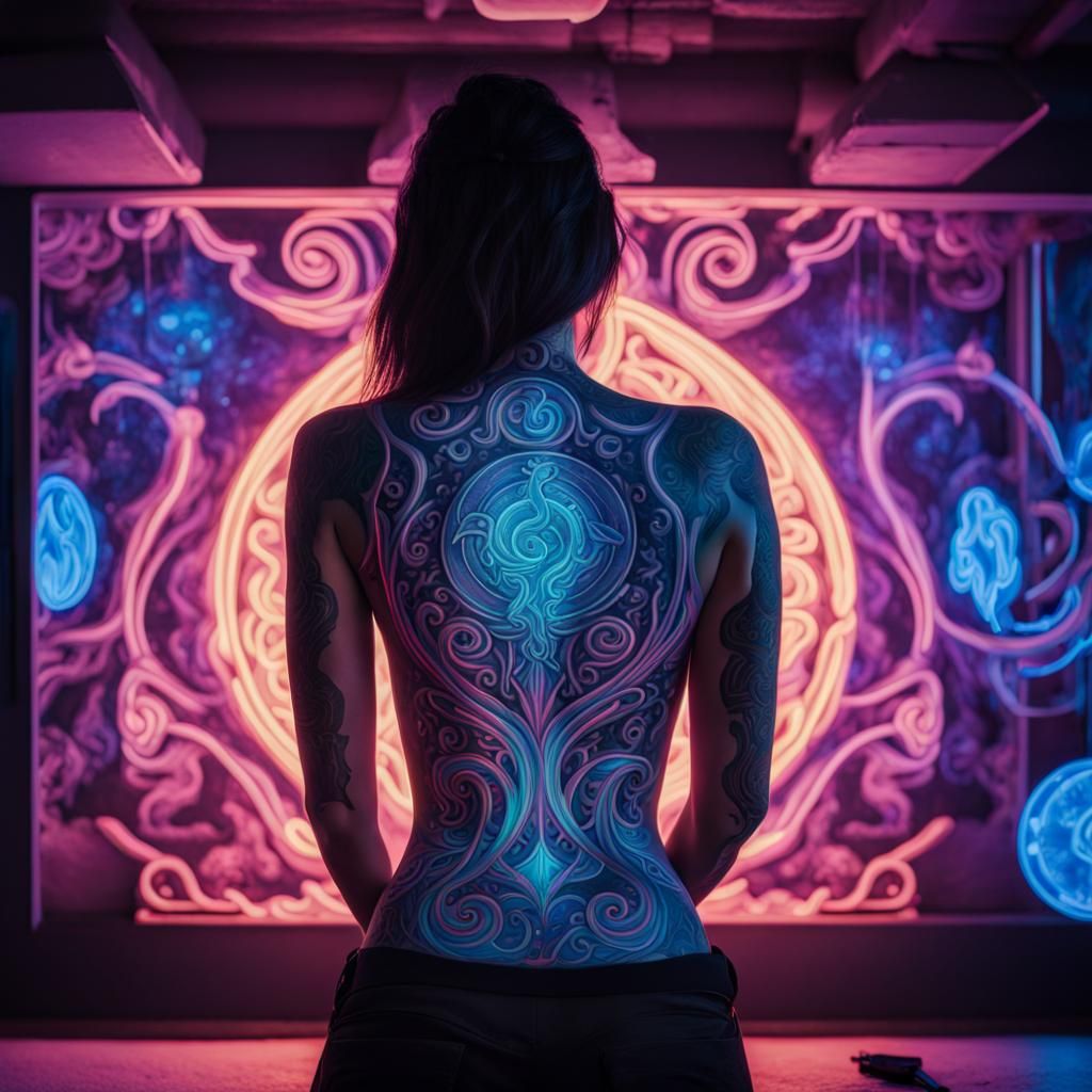 Ornate Magic Symbol Tattoo Illuminated by UV Light