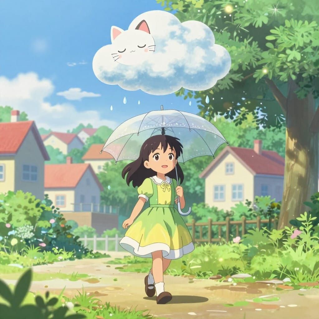 Anime Girl with Cat Cloud in Gentle Rain