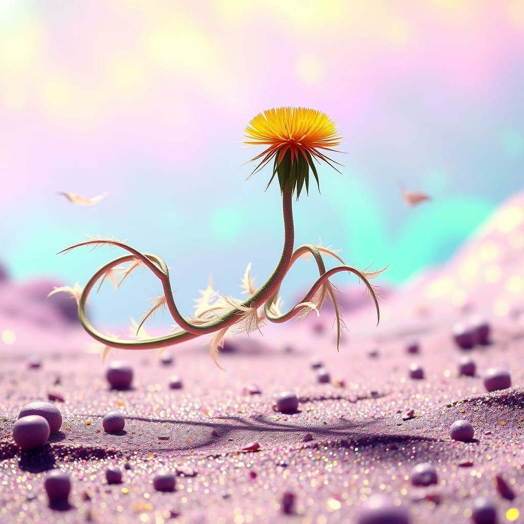 Surreal Dandelion Being Emerges in Iridescent Fantasy Landsc...