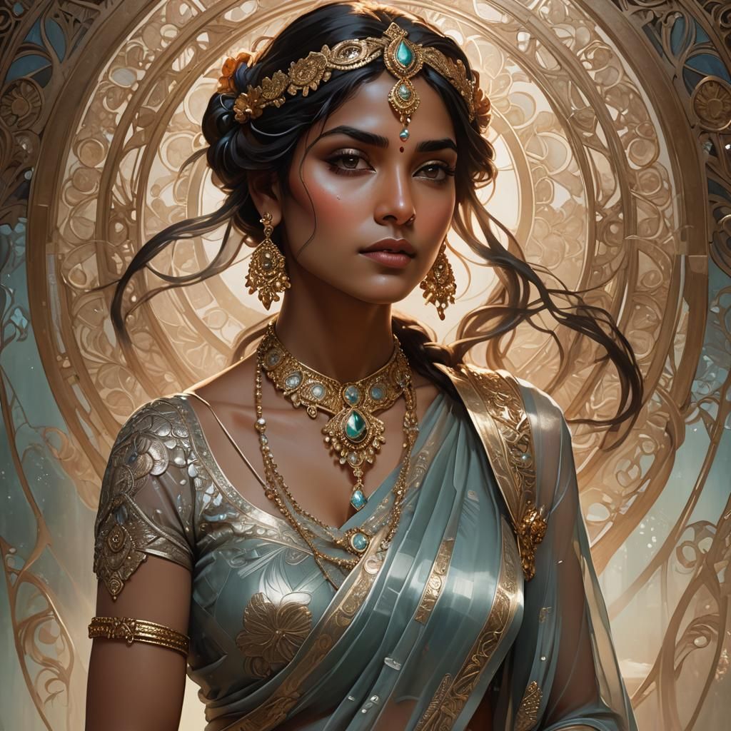 Radiant Indian Woman in Saree: Art Nouveau Portrait