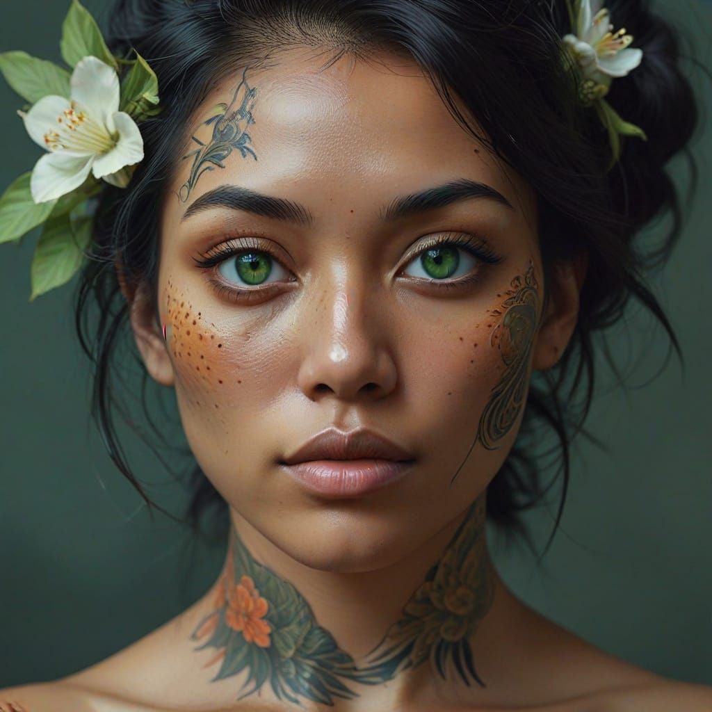 Realistic Portrait of a Dark-Skinned Woman with Japanese Ire...