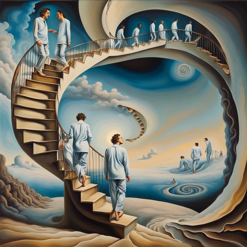 Surreal Sleepwalkers Descending Infinite Staircase in Oil