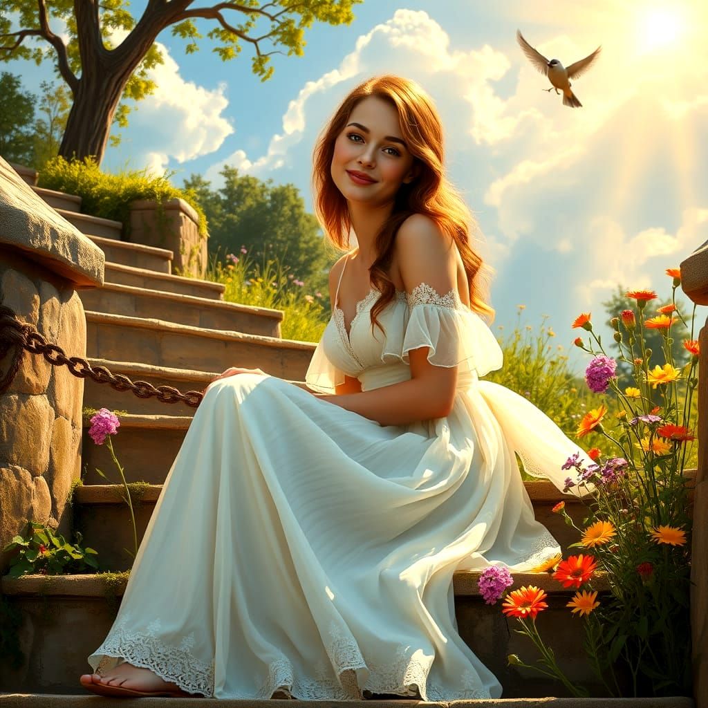 Serene Young Girl Surrounded by Lush Vegetation in Vibrant N...